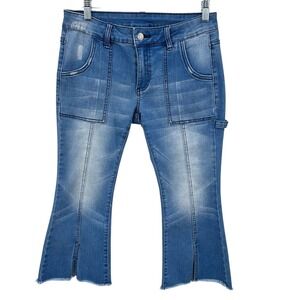 LITZ Premium Denim Blue Crop Flare Carpenter Jean Front Slit Distressed Women 28